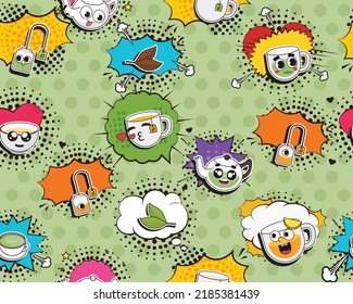 Vector flat seamless texture pattern Hand drawn flat trendy cartoon elements collection Tea time