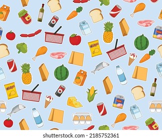 Vector flat seamless texture pattern Grocery store.