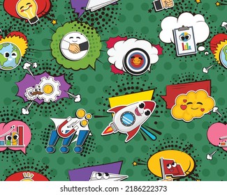 Vector flat seamless texture pattern Hand drawn flat trendy cartoon elements collection Start up Company