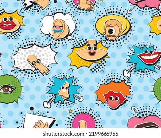 Vector flat seamless texture pattern Hand drawn flat trendy cartoon elements collection part of body