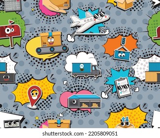 Vector flat seamless texture pattern Hand drawn flat trendy cartoon elements collection Logistics