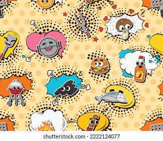 Vector flat seamless texture pattern Hand drawn flat trendy cartoon elements collection Grill and BBQ