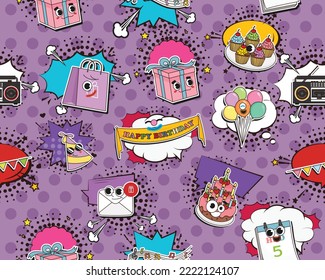 Vector flat seamless texture pattern Hand drawn flat trendy cartoon elements collection happy birthday