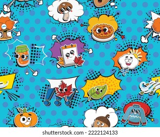 Vector flat seamless texture pattern Hand drawn flat trendy cartoon elements collection Happy autum