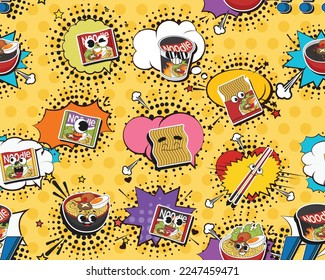 Vector flat seamless texture pattern Hand drawn flat trendy cartoon elements collection Instant noodle