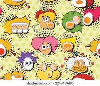 Vector flat seamless texture pattern Hand drawn flat trendy cartoon elements collection Farm fresh eggs