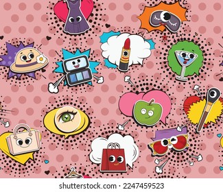 Vector flat seamless texture pattern Hand drawn flat trendy cartoon elements collection Lady