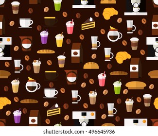 Vector flat seamless texture pattern coffee and bakery.