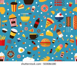 Vector flat seamless texture pattern fast food .