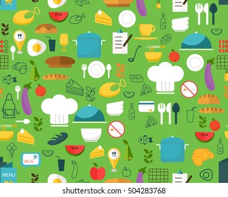 Vector flat seamless texture pattern food and drink restaurant .