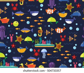 Vector flat seamless texture pattern Ocean underwater life .