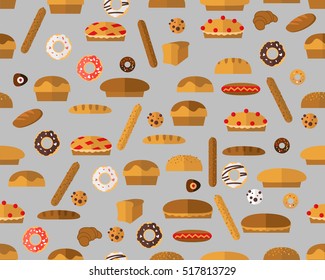 Vector flat seamless texture pattern happy baker holding breads.