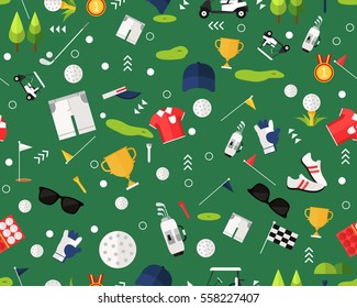 Vector flat seamless texture pattern golf sport equipment ans outfit.