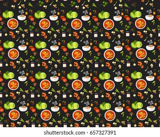 Vector flat seamless texture pattern thai cuisine Tom Yum Goong Spicy Thai shrimp soup.