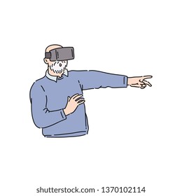 Vector flat senior man in virtual reality headset pointing something out by finger. Elderly male character in VR goggless enjoying cyberspace. Modern visual technologies concept.