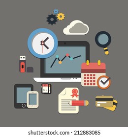 Vector flat set of accessory icons. Calendar, pencil, smartphone, cellular phone, usb flash memory, clock, sheet of paper,cog wheels,monitor,rising graph,credit card, micro SD card, magnifying glass,