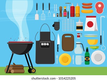 Vector flat set of barbecue tools.