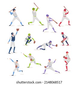 Vector flat set of baseball players in different poses. Softball team isolated illustration on white background (batter, pitcher, catcher, defense)