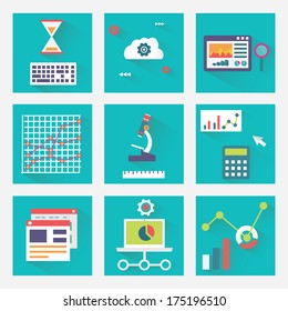 Vector flat set of business charts with long shadows for infographics. Business process of analytics and e-commerce - vector elements 