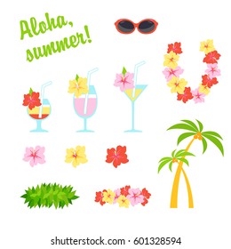 Vector flat set. Cartoon illustration travel. Holidays in Hawaii, national garland of flowers and wreath of leaves. Tropical cocktails decorated with flowers. Sunglasses and a palm tree with coconuts