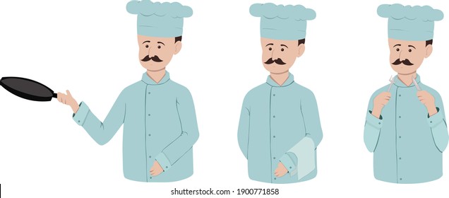 Vector flat set with a chef in different poses. Cooking, pastry chef. A man with a mustache, frying pan, fork, knife, towel.