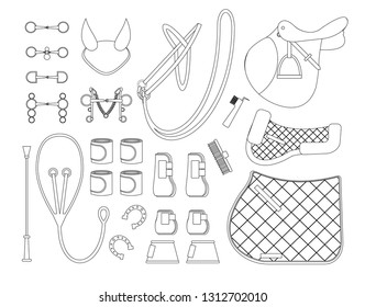 Vector flat set collection of black line horse riding equipment isolated on white background 
