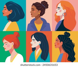 Vector flat set collection of many avatars of women of different ethnic groups with different beauty hairstyles and skin color. Concept of the movement for gender equality and women's empowerment