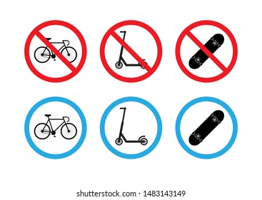 Vector flat set collection of road signs with scooter, skateboard and bicycle isolated on white background