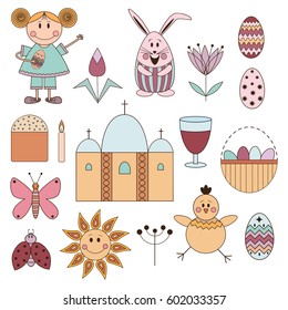 Vector flat set in color with cute elements for Easter holiday. Funny objects made of childish style for books, cards and so on