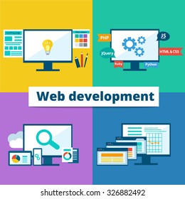 
Vector flat set of concept web development elements. Stages of web development. Icons for web design, application development,web programming, seo, testing.