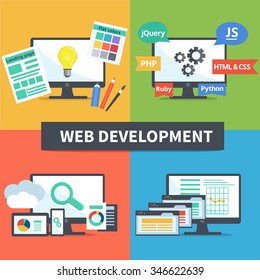 
Vector flat set of concept web development elements. Stages of web development. Icons for web design, application development,web programming, seo, testing