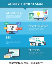 Vector flat set of concept web development elements. Stages of web development. Infographic elements for web design, application development, web programming, seo, testing. 