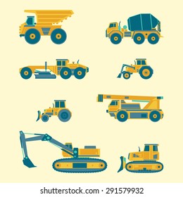 Vector flat set of construction vehicles icons. Road engineering signs. Industrial machinery symbols.