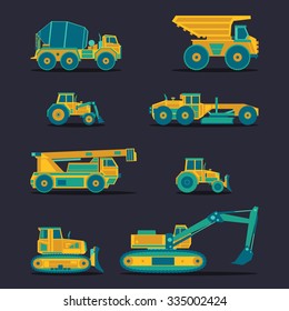 Vector flat set of construction vehicles icons. Road engineering signs. Industrial machinery symbols.