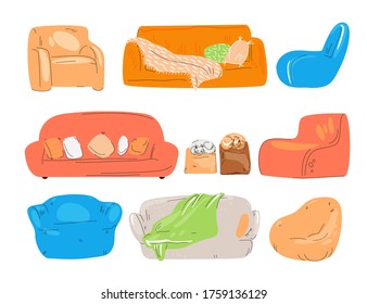 Vector flat set of cozy couch, divan, sofa, chairs, padded stool and armchairs with cat, pillows and blanket. Cozy home and lounge zone for office, Colored collection isolated on white.