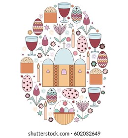 Vector flat set with different elements for Easter holiday. Religious objects made of childish style. All elements arranged in the oval form card template