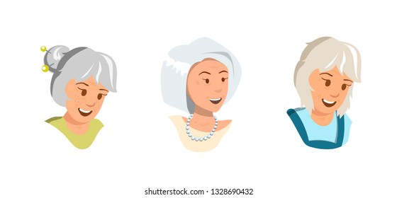 Vector Flat Set Elderly Women Rejoice Feel Happy. Green Dress with Beautiful Hairpin Hair Woman. 