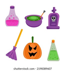 Vector flat set of elements for Halloween. Collection of pumpkin, potion, broom and grave