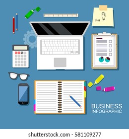 Vector flat set of equipment for education. School objects for creativity. Top view of Workplace. Flat design. Illustration
