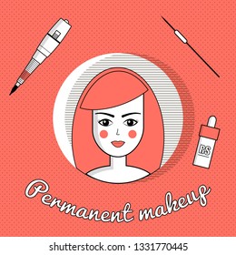 Vector flat set of equipment for permanent make-up. Used for icons on the site, business cards. Coral trend color of 2019 year