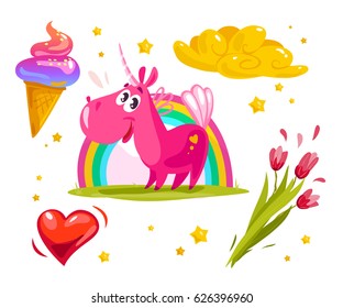 Vector flat set of fairy element isolated on white background. Shiny heart, tulip bouquet, ice cream cone, magic yellow cloud and unicorn on green meadow with rainbow. Cartoon style. Package design.