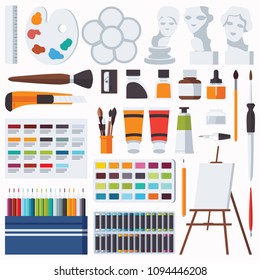 Vector flat set with fine artist stationery. Watercolor, tempera, easel, palette, color pencils, gypsum head and other accessories for art studio and drawing. Collection with artist supplies
