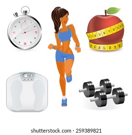 Vector flat set of fitness woman. Flat illustration of fitness elements. Flat icon of fitness equipment. Fitness elements. Vector flat design of fitness. Fitness details. Fitness equipments.