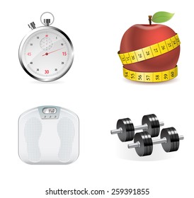 Vector flat set of fitness woman. Flat illustration of fitness elements. Flat icon of fitness equipment. Fitness elements. Vector flat design of fitness. Fitness details. Fitness 