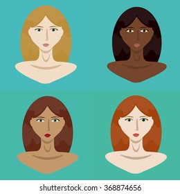 Vector flat set of four different woman types isolated on four levels of turquoise palette. Fashion and makeup theme, illustration for woman publishing, sample for palette testing.