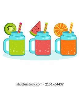 Conjunto vectorial de cócteles de fruta en jarras de vidrio. Colección de bebidas de verano. Frescas suavidades.