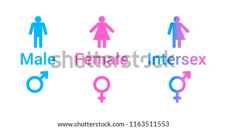 Vector flat set of gender male, female and intersex icons in pink and blue colors isolated on white background.