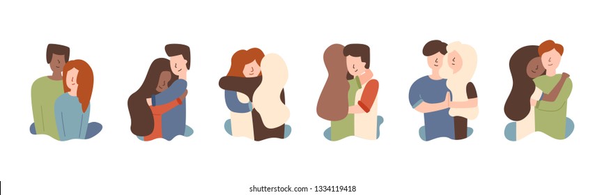 Vector flat set guy with girl hugging African American hugging red-haired girl. Hugs warm feelings affection happy together. African american hugging husband sisters welcome.