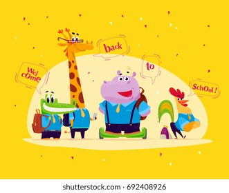 Vector flat set of happy  cartoon animal students standing with speech bubbles isolated on yellow background - crocodile, giraffe, hippo, rooster. Back to school. Sticker, banner, packaging design.
