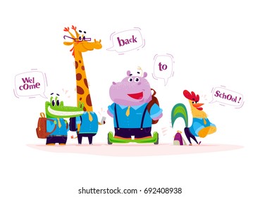 Vector flat set of happy  cartoon animal students standing with speech bubbles isolated on white background - crocodile, giraffe, hippo, rooster. Back to school. Sticker, banner, packaging design.